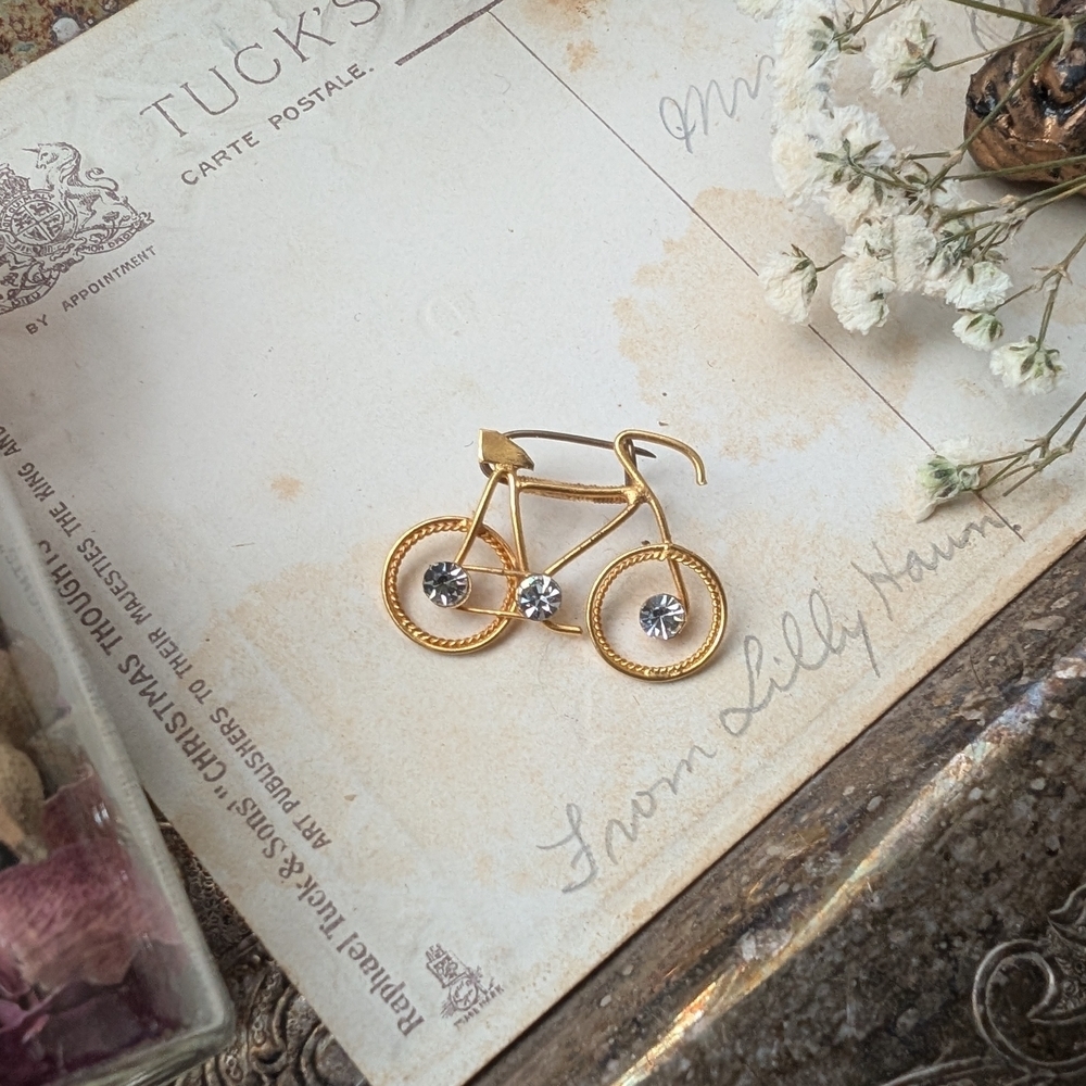 Small Gold Bicycle Brooch with Crystal Accents